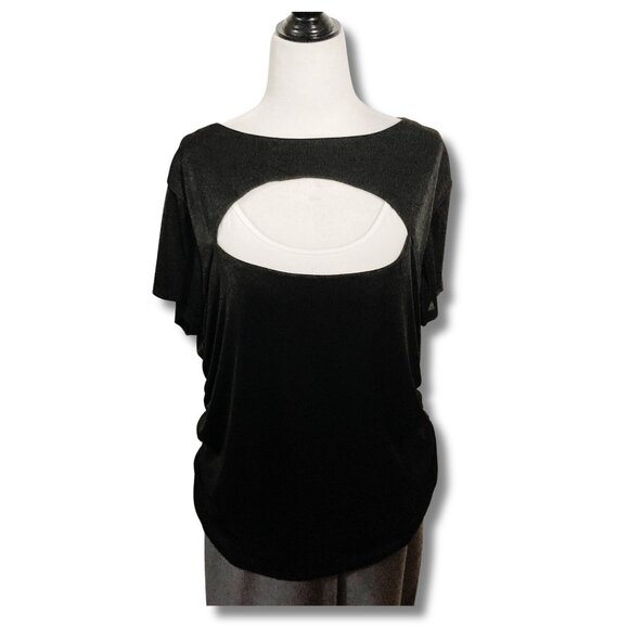 GRAND BEACH CLUB Black plus-size keyhole neckline short-sleeve top 2X XXL shirt - Picture 3 of 15